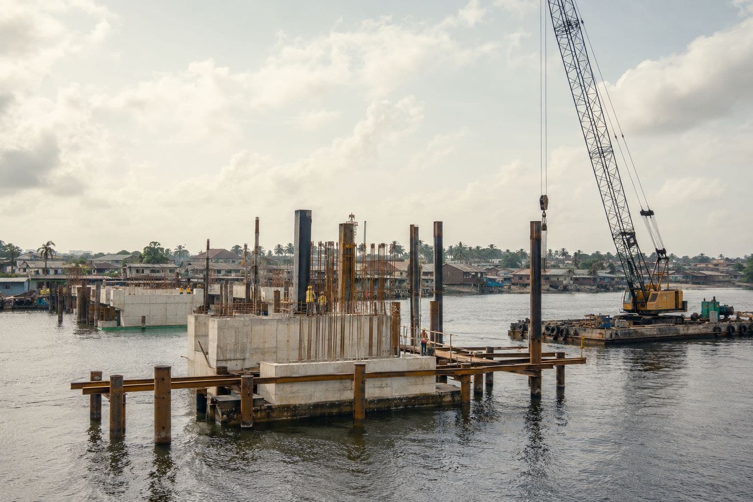 Bridge piling works across a waterfront in Port Harcourt